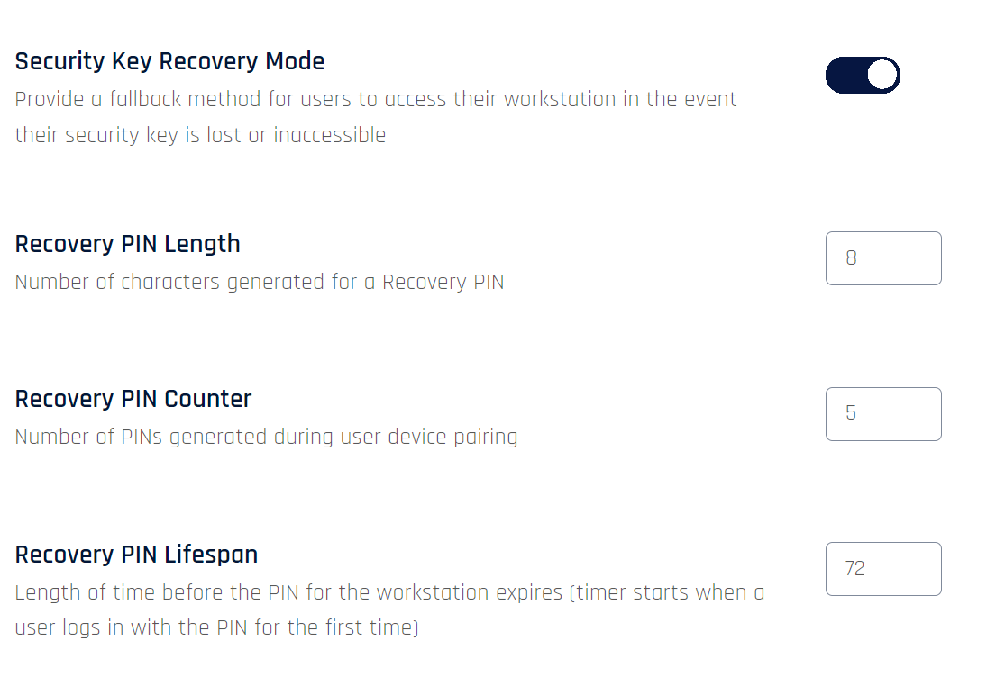 Security key recovery mode setting