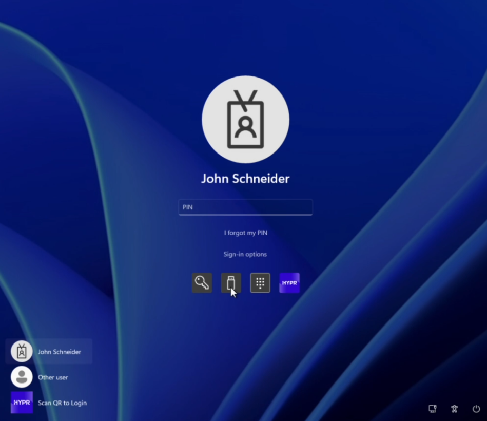 Windows login screen showing Security key and Scan QR to Login options